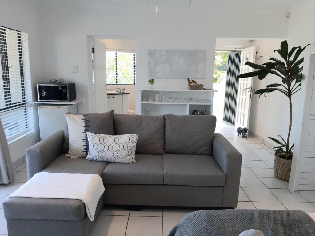 a living room with a gray couch and a kitchen at Studio @ 32 in Ballito