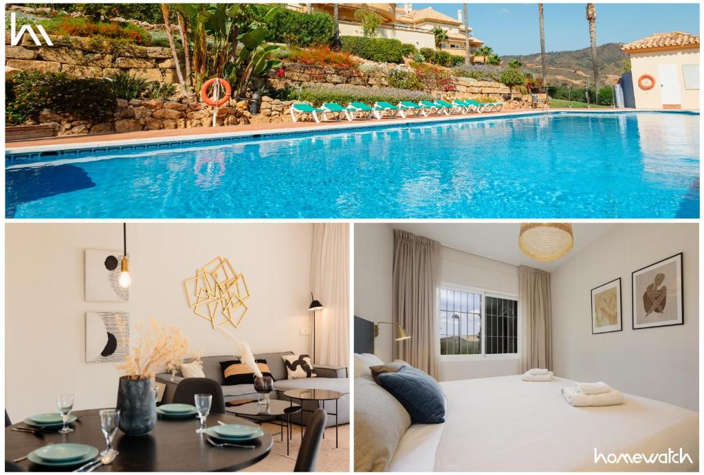 a villa with a swimming pool and a hotel at Luxurious frontline golf apartment in Elviria in Marbella