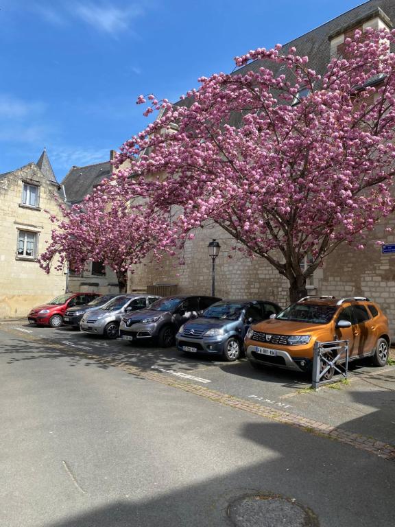 Une rangée de voitures garées dans un parking avec un arbre à fleurs dans l'établissement Appartement Cosy avec vue sur le château, à Chinon