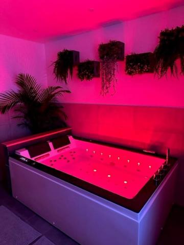 um quarto com uma cama com luzes cor-de-rosa em Love Room Cocooning & Spa em Épinal