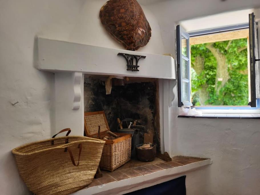 un comptoir avec des paniers et une fenêtre dans une pièce dans l'établissement Maison Péchelune, à Correns