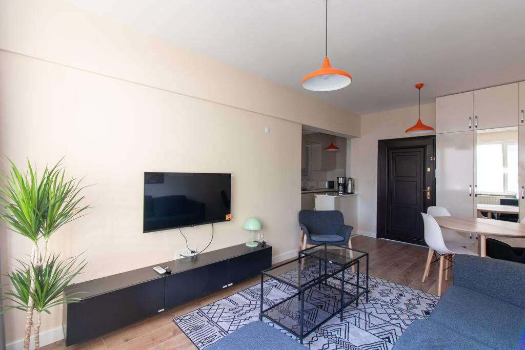 a living room with a couch and a tv on a wall at Modern & Newly furnished 1BR Flat w/ Balcony & AC in Istanbul