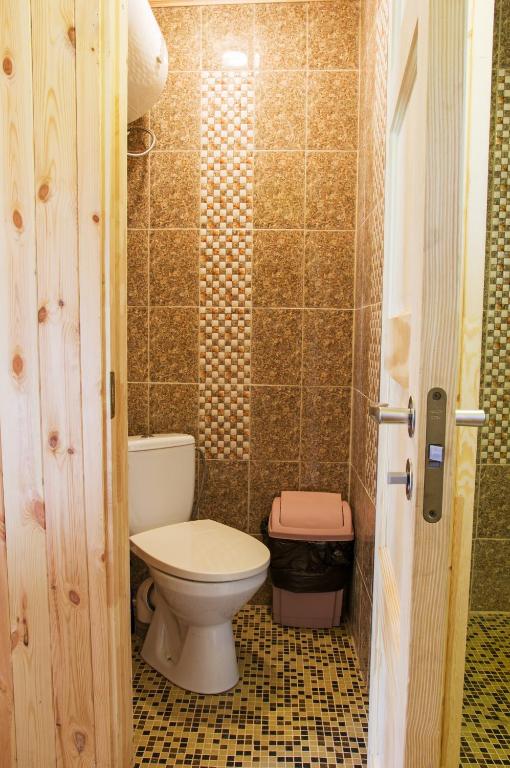 a small bathroom with a toilet in a room at Grāveri kempings in Usma