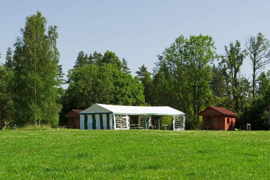 a tent in the middle of a field at Grāveri kempings in Usma