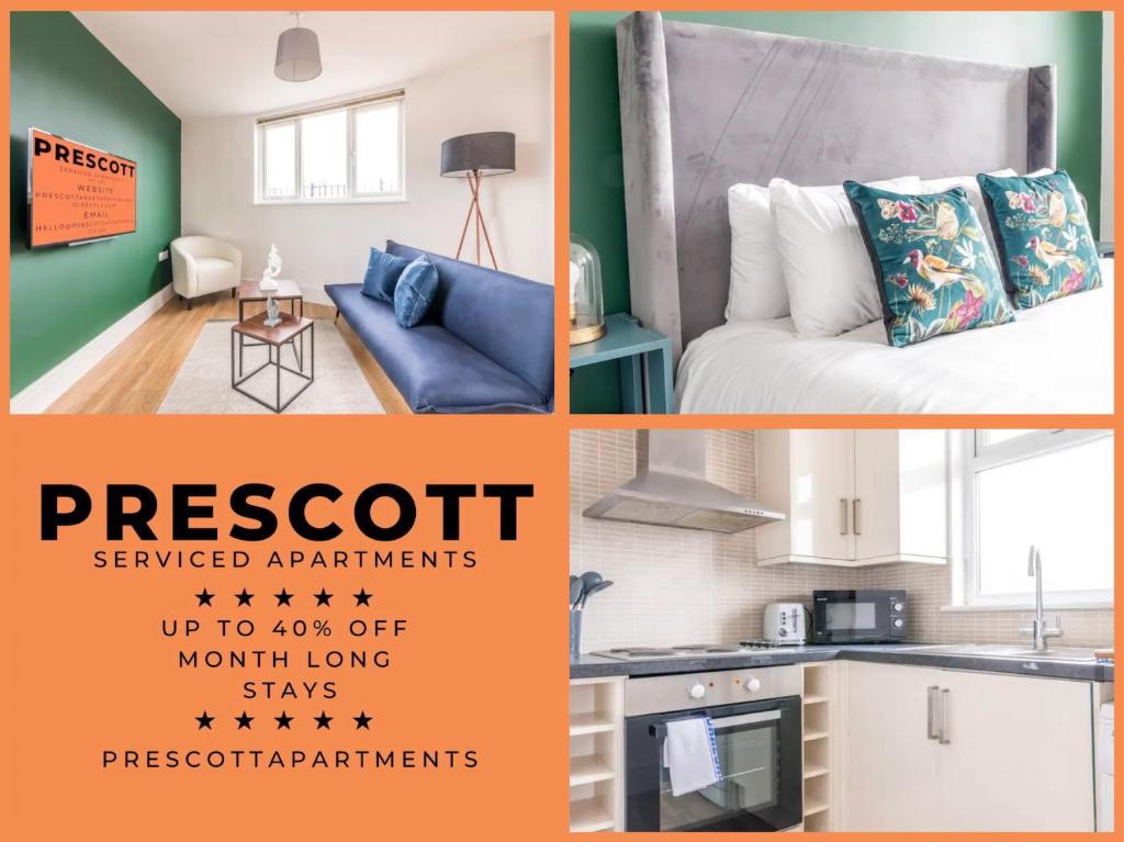 kolaż zdjęć pokoju z łóżkiem i kuchnią w obiekcie Centralised Horton Place with FREE PARKING by Prescott Apartments w Bristolu