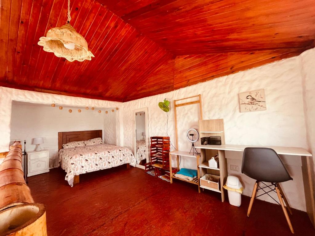 萬查科的住宿－Huanchaco Domes，一间卧室设有一张床和木制天花板