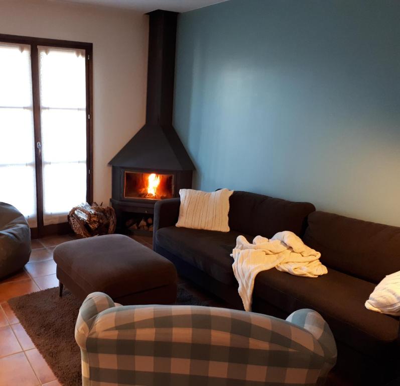 a living room with a couch and a fireplace at Saldes Pedraforca in Saldés