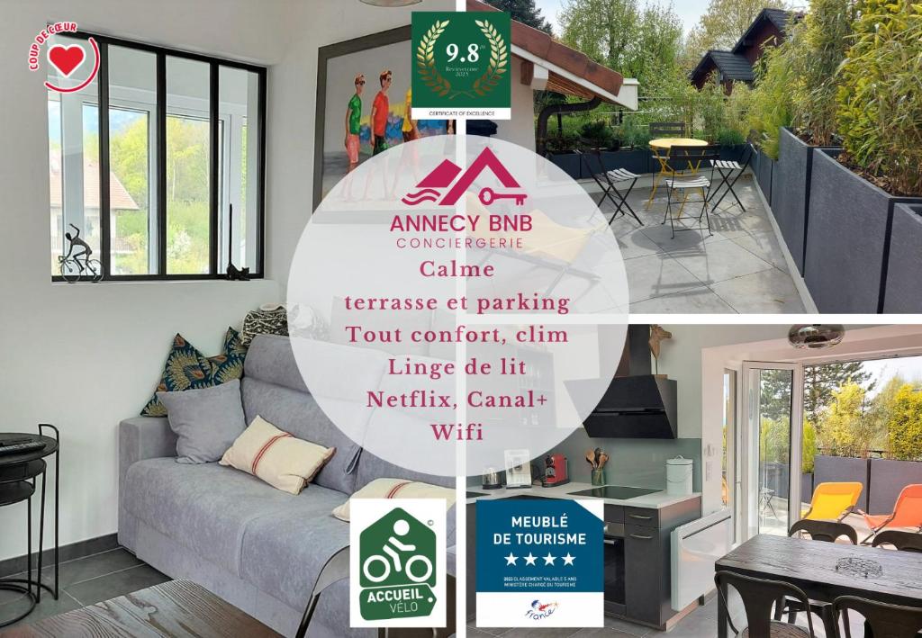 eine Collage mit zwei Bildern eines Wohnzimmers in der Unterkunft Le Refuge, 2 personnes, 4 étoiles tout confort in Annecy-le-Vieux