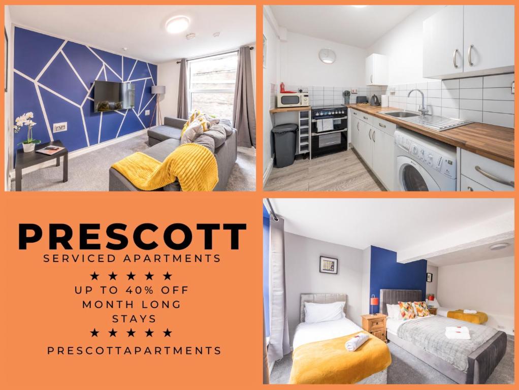 a collage of photos of a kitchen and a room at Contractors, Families, FREE PARKING, Central - Print Place by Prescott Apartments in Bristol