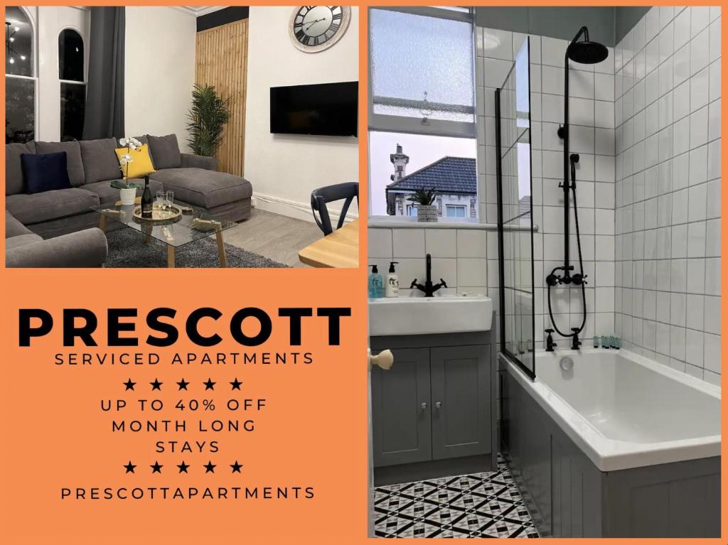 a bathroom and a living room with a shower and a sink at Complete Osborne House by Prescott Apartments in Bristol