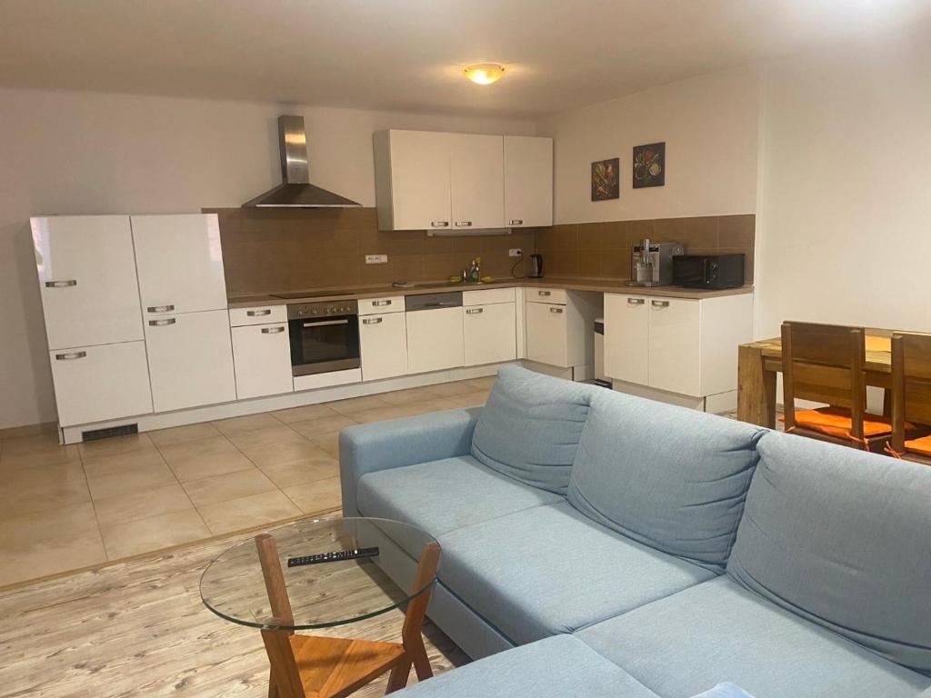 a living room with a blue couch and a kitchen at Apartment am Schlosspark 3 in Cheb