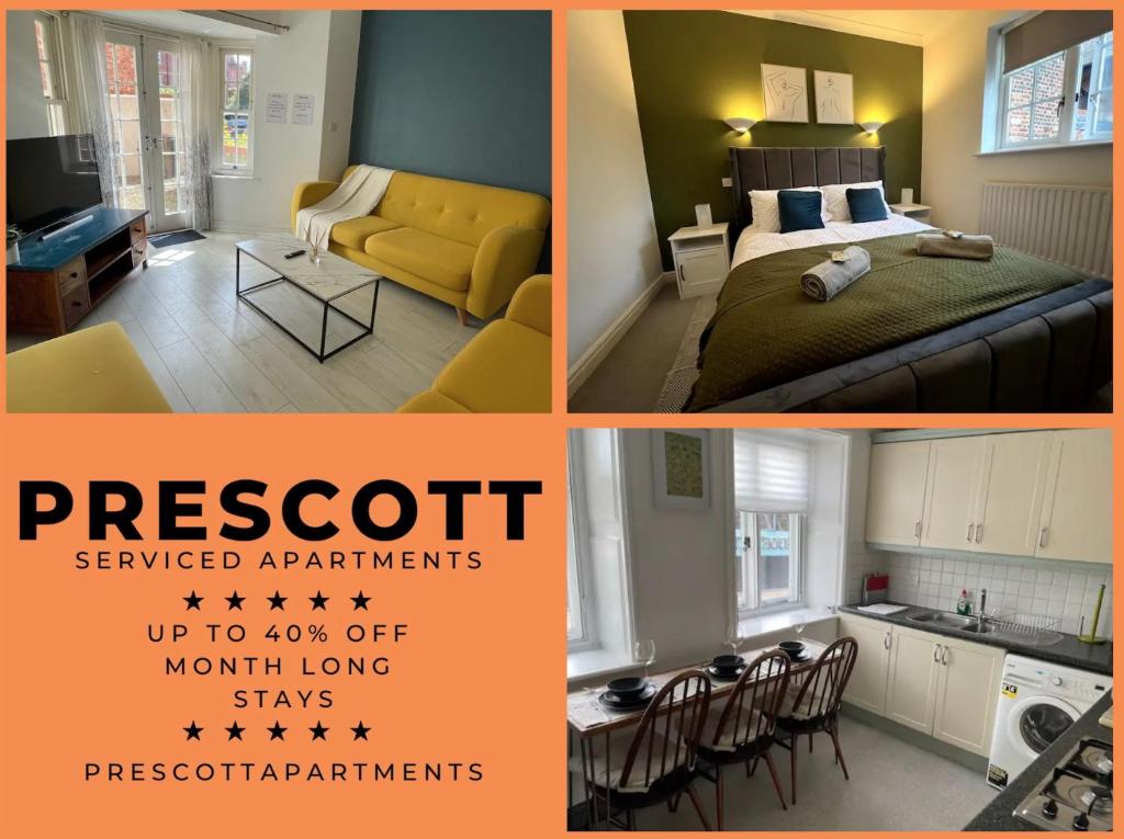 a collage of three pictures of a bedroom and a room at Fully Equipped Queen Anne Court with FREE PARKING By Prescott Apartments in Abingdon