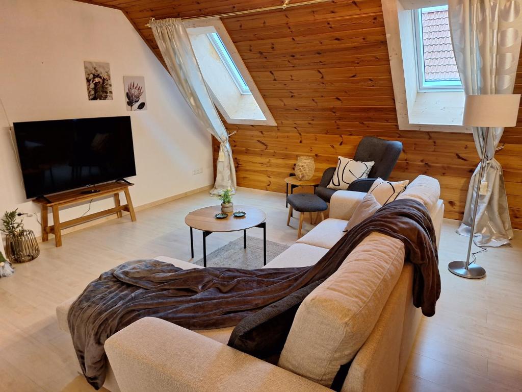 a living room with a couch and a tv at Ferienwohnung in Schnaid in Hallerndorf