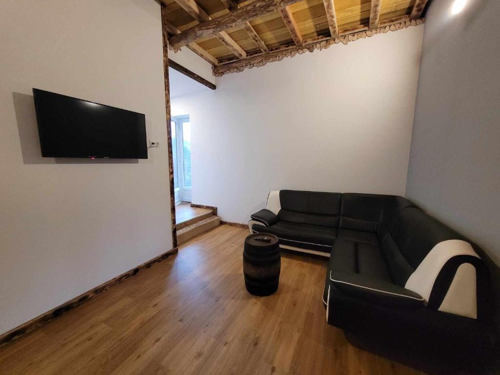 a living room with a couch and a flat screen tv at Gîte de la Ferme de la Comté in Le Thillot