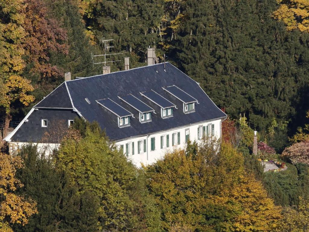 uma grande casa branca com um telhado preto numa colina em Gîte Orbey, 4 pièces, 6 personnes - FR-1-744-26 em Orbey