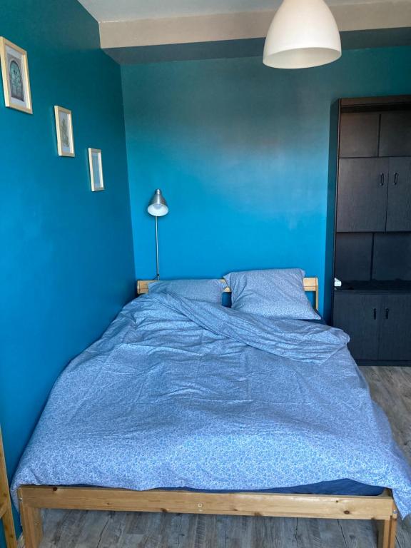 um quarto azul com uma cama com uma parede azul em LE CONTI em Corcieux