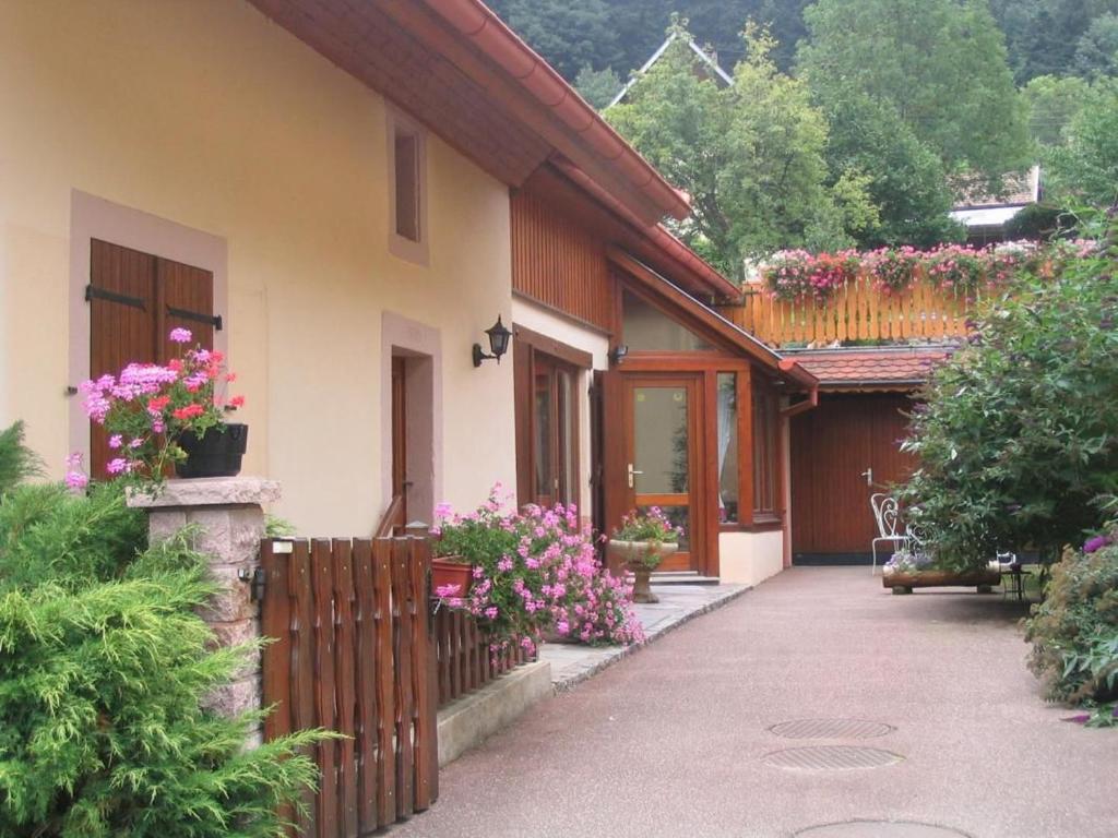 une maison avec des fleurs sur son côté dans l'établissement Gîte Breitenbach-Haut-Rhin, 3 pièces, 5 personnes - FR-1-744-42, à Breitenbach-Haut-Rhin