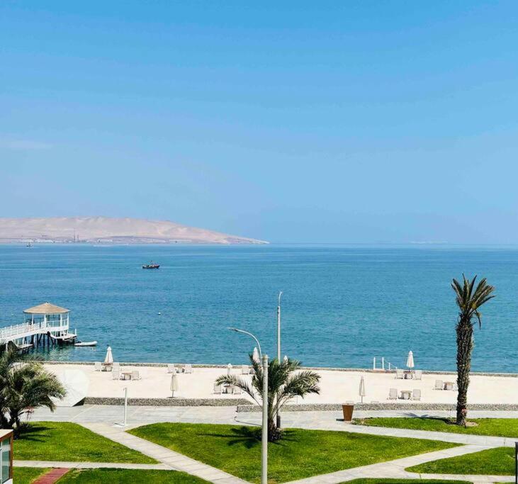 a view of a beach with palm trees and the ocean at Departamento Paracas vista al mar in Paracas