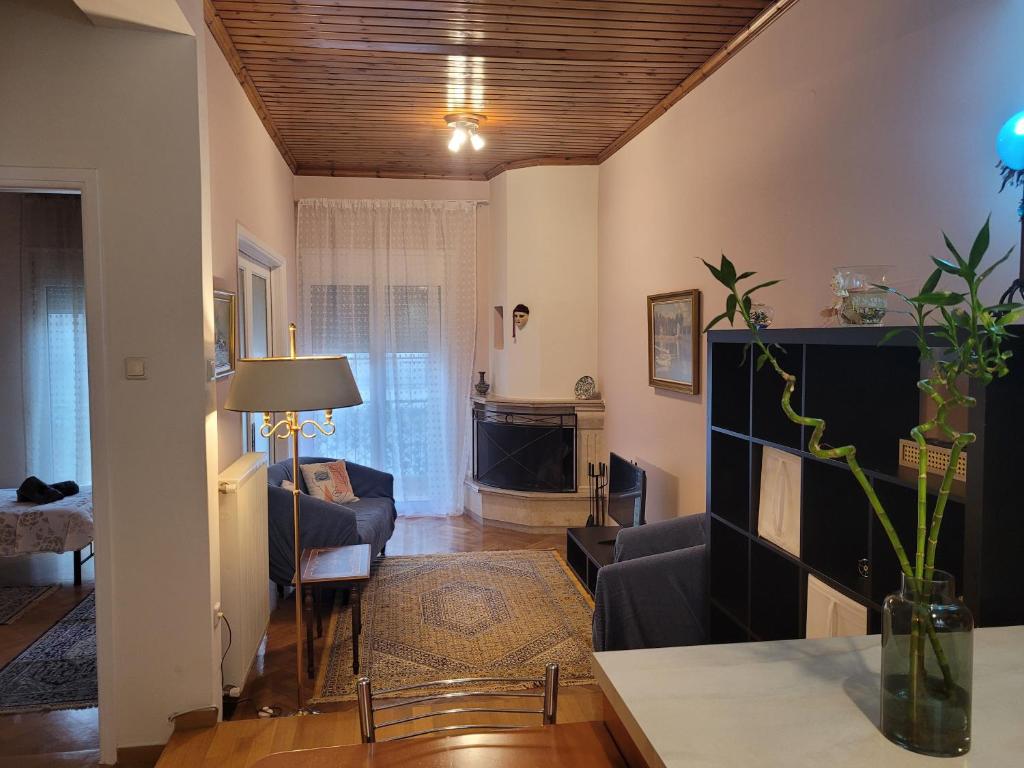 uma sala de estar com um sofá e uma mesa em City Center Apartment em Arta