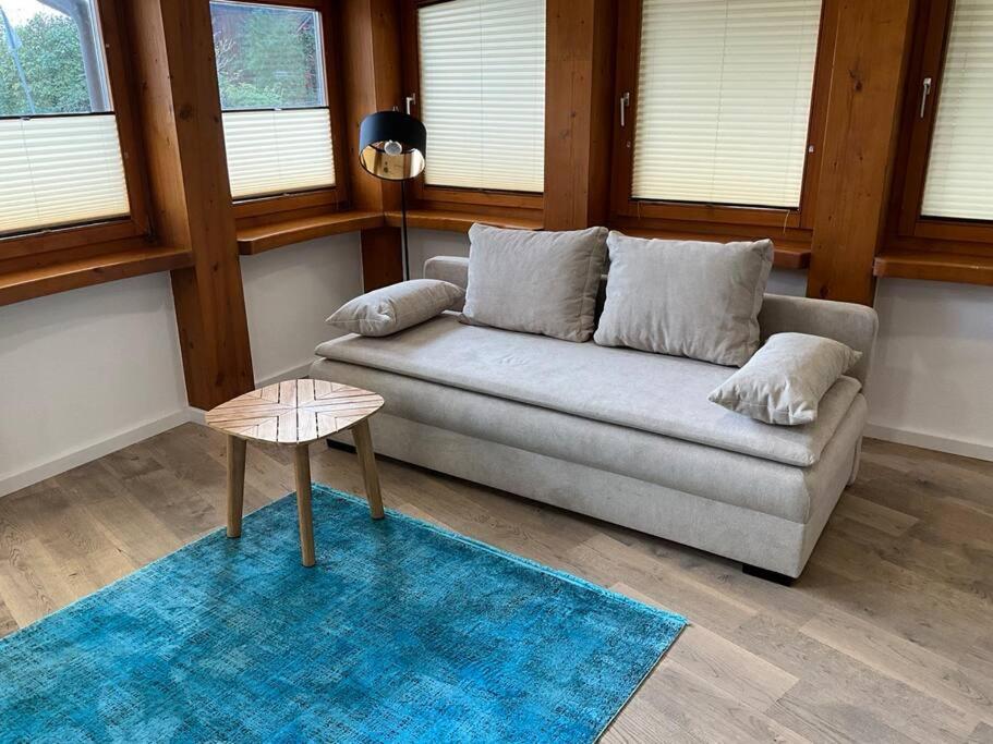 sala de estar con sofá y alfombra azul en Ruhe, Gesundheit und Aussicht, en Bad Liebenzell