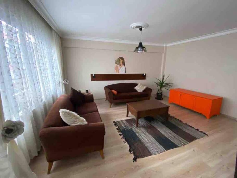 sala de estar con sofá y mesa en Ferah ve şık cosy daire, en Konak