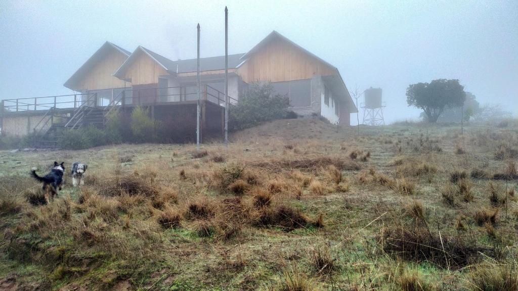 une maison au sommet d'une colline dans le brouillard dans l'établissement Casa principal del Fundo con la mejor Vista del Maule, à Comalle
