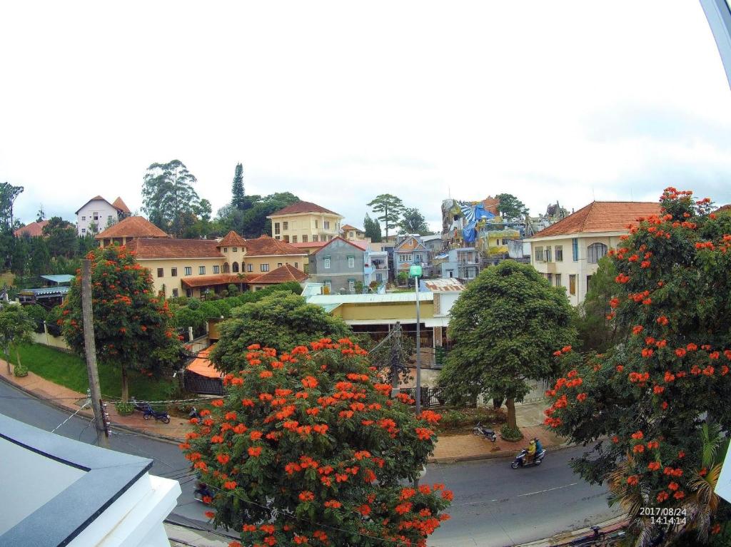 een stad met een bos van huizen en bloeiende bomen bij Flower Hill in Da Lat