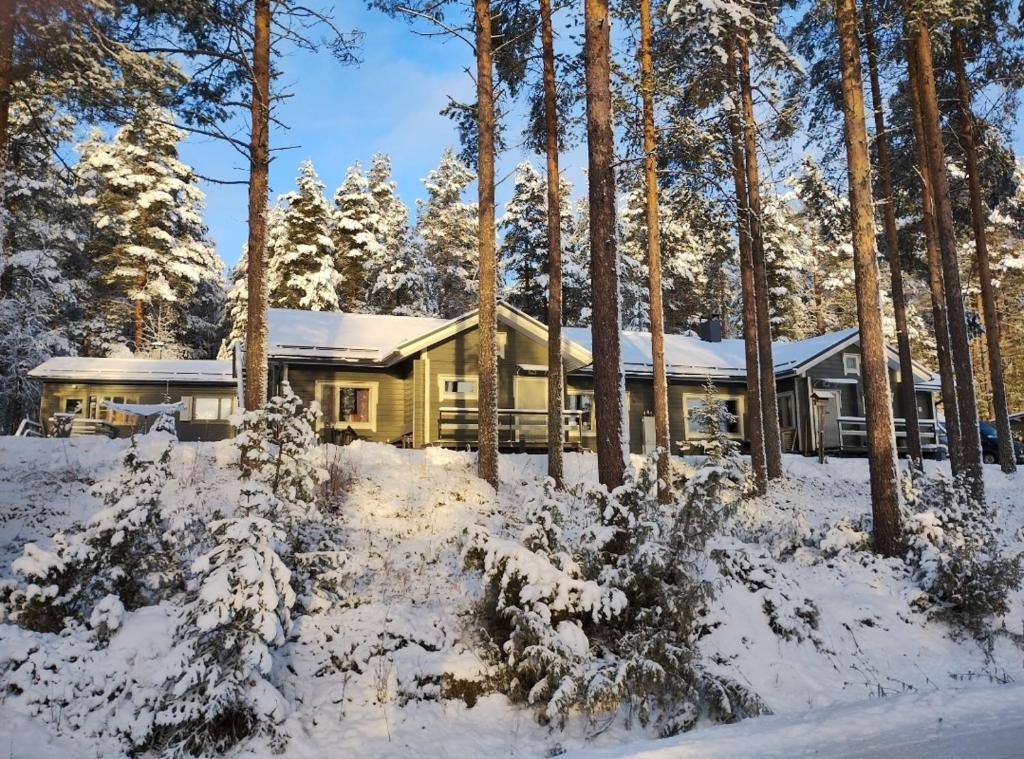 a house covered in snow in front of trees at Villa Aleksi in Rovaniemi