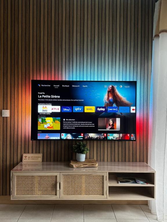 a flat screen tv sitting on a wooden wall at La Forêt des Pins - Free Check-In - Wifi - Parking Privé - Netflix - Draps & Serviettes inclus in Labenne