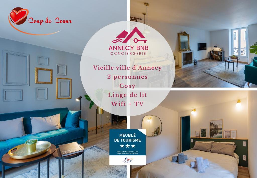 a collage of two pictures of a bedroom and a living room at Les Cordeliers: 2 pers, cosy & cœur vieille ville in Annecy