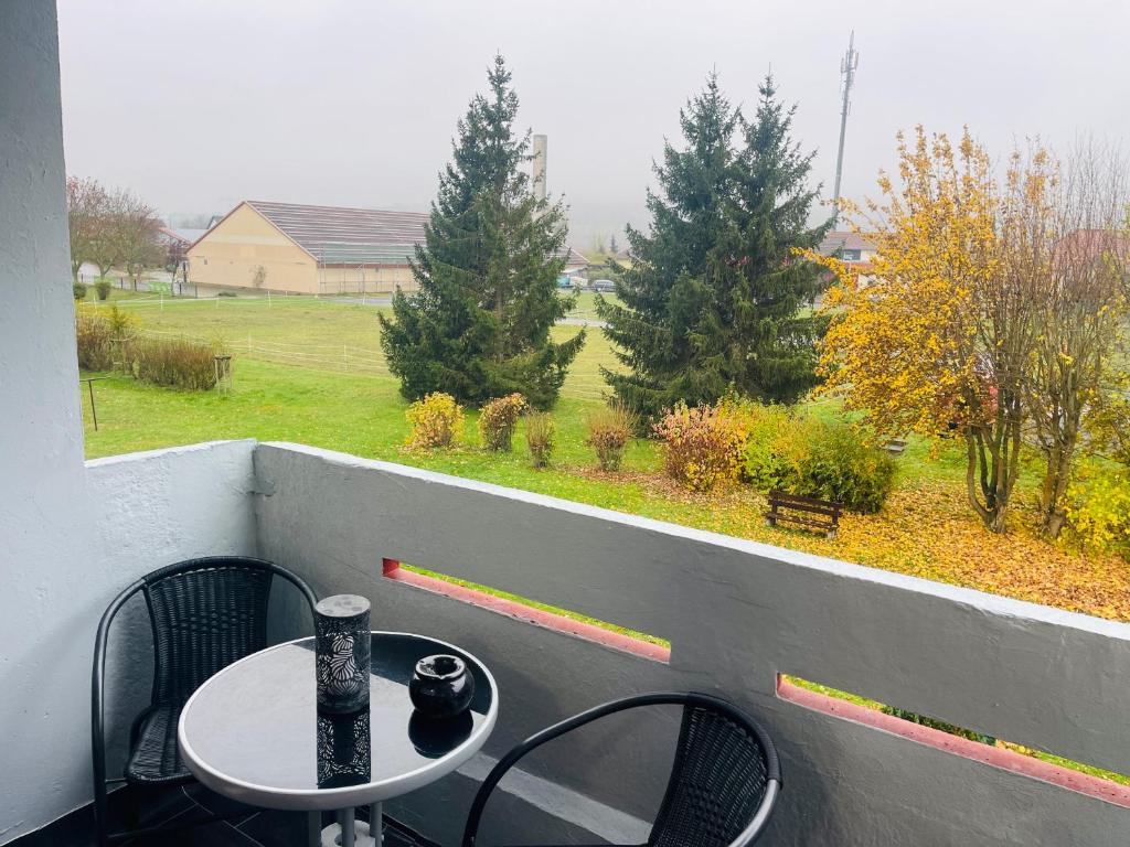 een tafel en stoelen op een balkon met uitzicht op een tuin bij Ferienwohnung Heringen in Heringen