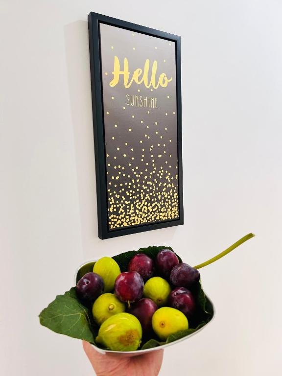 un bol de fruta delante de un cartel en Calabria Experience ****, en Montegiordano