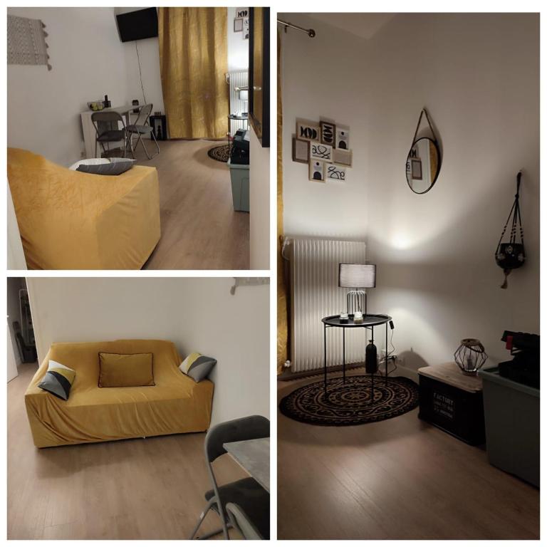 duas fotos de uma sala de estar com um sofá e uma mesa em Home sweet to Paris em Clichy
