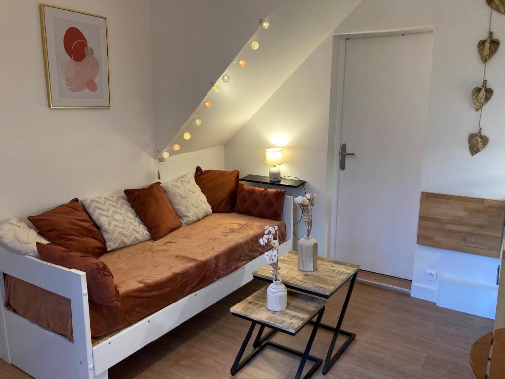 ein Wohnzimmer mit einem Sofa und einem Tisch in der Unterkunft Exceptionnel au coeur de Lille in Lille