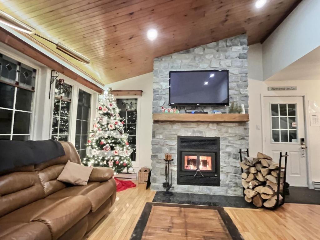 sala de estar con chimenea y árbol de Navidad en La Perchée Du Lac Miller, en Racine