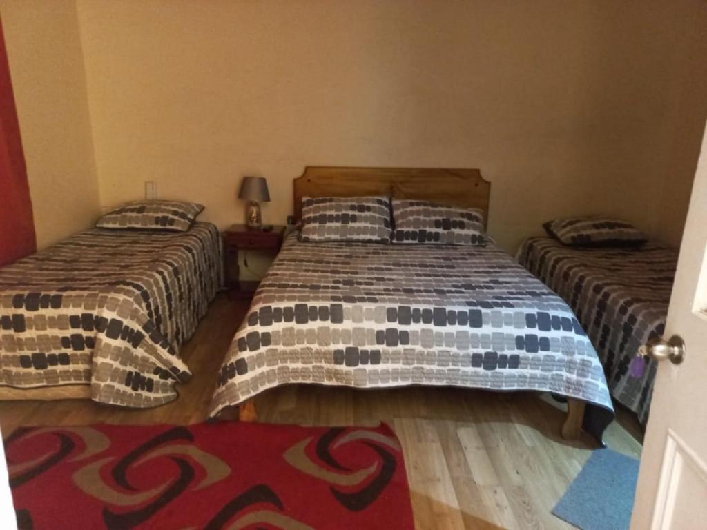 a bedroom with two beds and a rug at Hotel Arauco Ovalle in Ovalle