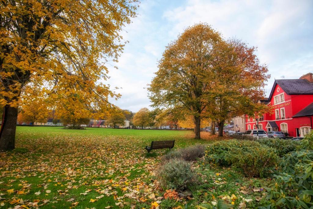 ブラーニーにあるBlarney Castle Hotelのベンチと木々と赤い家がある公園