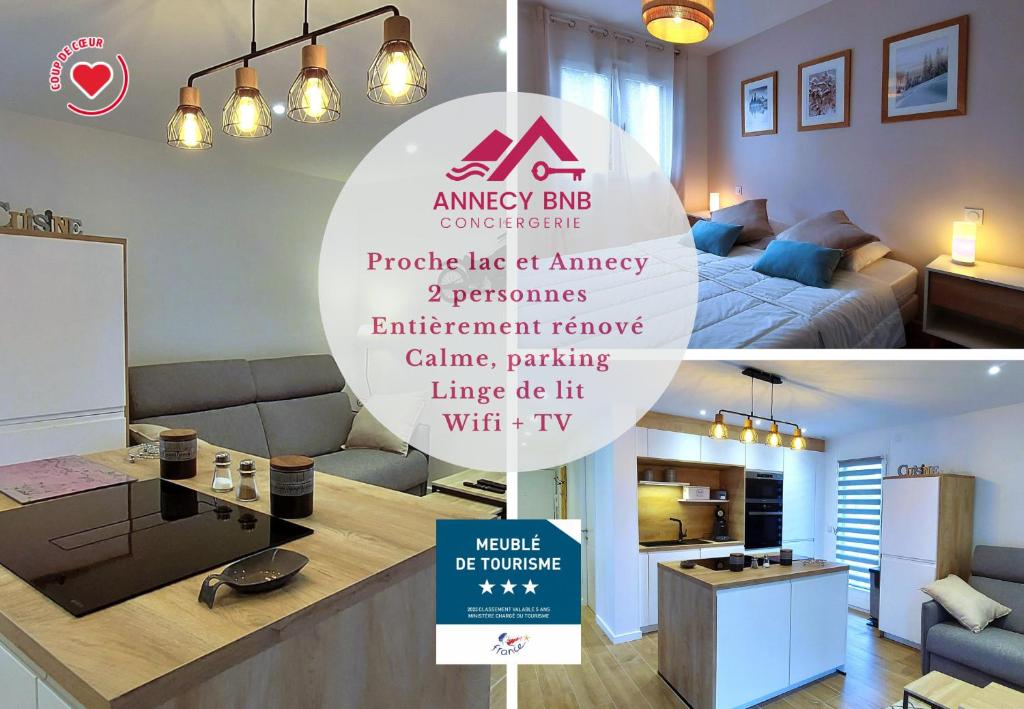 una camera con cucina e soggiorno di Le Cosy Alpin, T2, parking proche lac ad Annecy