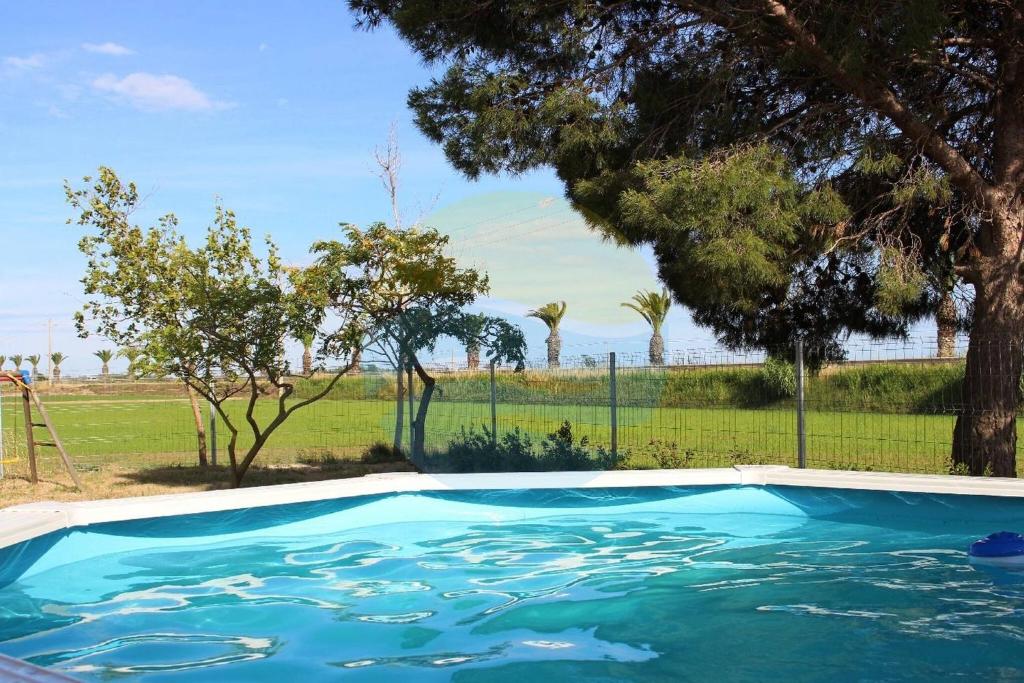 una piscina azul con árboles y un campo en Quet - Casa rural con piscina privada en el Delta del Ebro - Deltavacaciones, en Deltebre