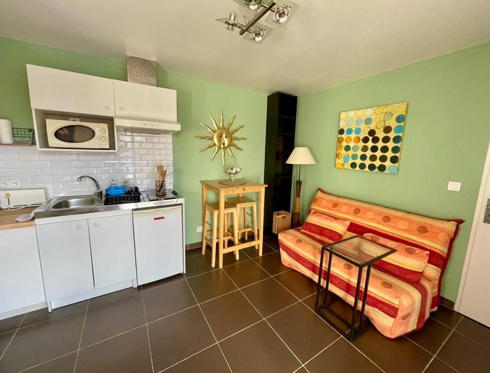 eine Küche und ein Wohnzimmer mit einem Sofa in einem Zimmer in der Unterkunft Le Studio de Vasconia in Muret