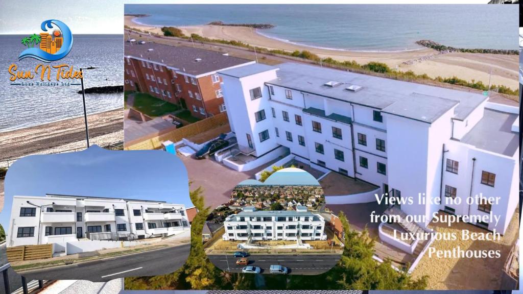 a collage of two pictures of a building and the beach at Ultra Luxury Beach Penthouse in Holland-on-Sea