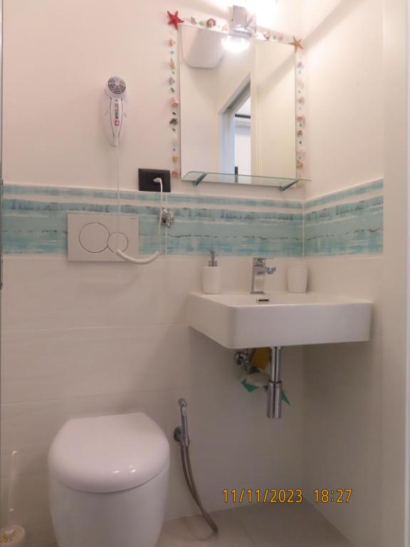 拉斯佩齊亞的住宿－Amici Holidey Camera Stazione，一间带卫生间、水槽和镜子的浴室