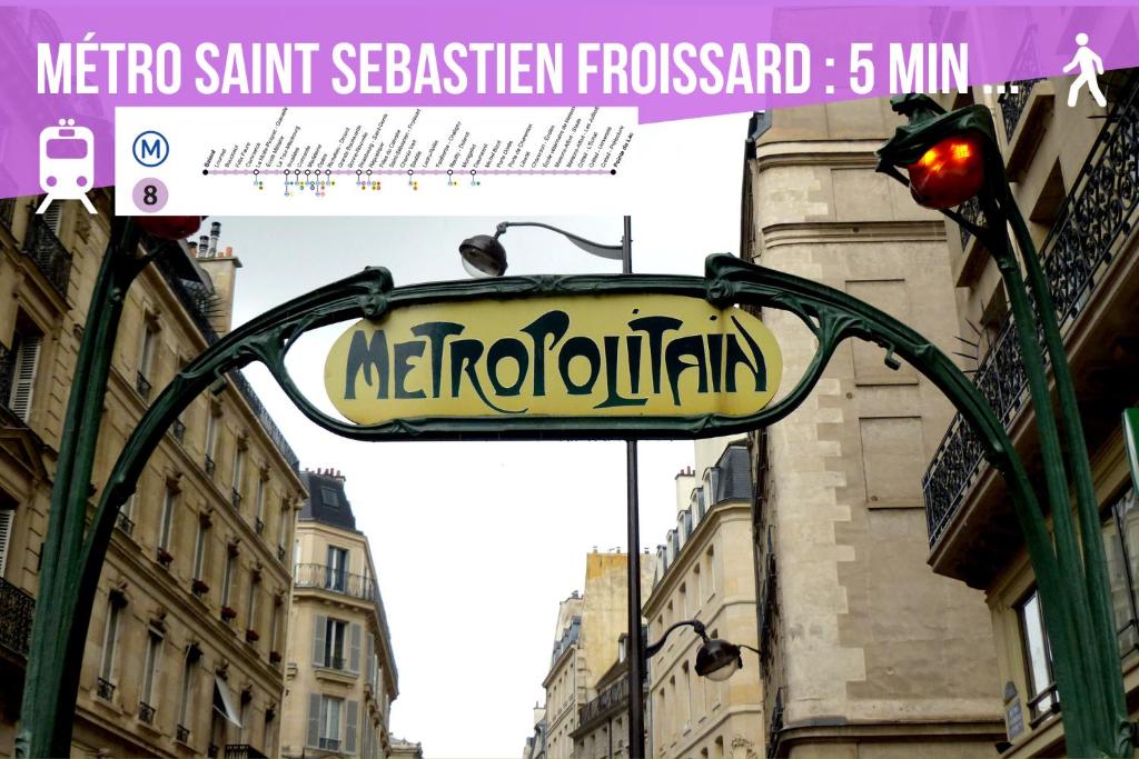 a sign for a metro santiago restaurant on a street at 3 Suites appartement in Paris