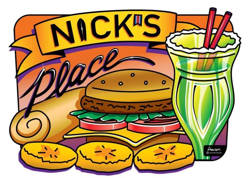 eine Packung Nicks Pizza mit einem Hamburger und einem Drink in der Unterkunft Nick's Place Room #1 in Pavones