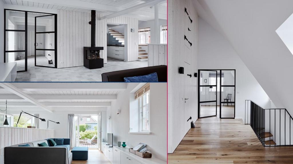 a living room and a hallway with white walls at Hygge Hus in Oevenum