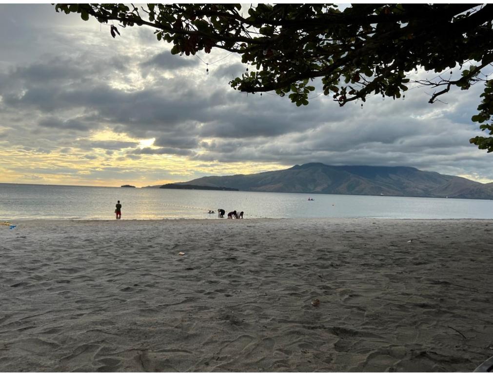 un grupo de personas y perros en una playa en Subic Sweet Escape by Bonnie, en Olóngapo