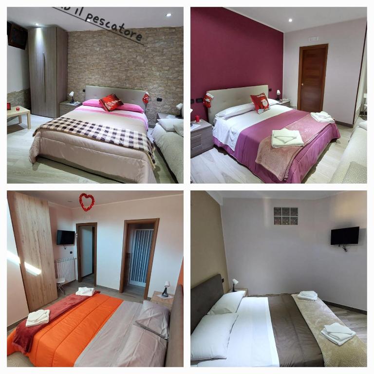 four different pictures of a bedroom with two beds at b&b il pescatore in Castel di Sangro