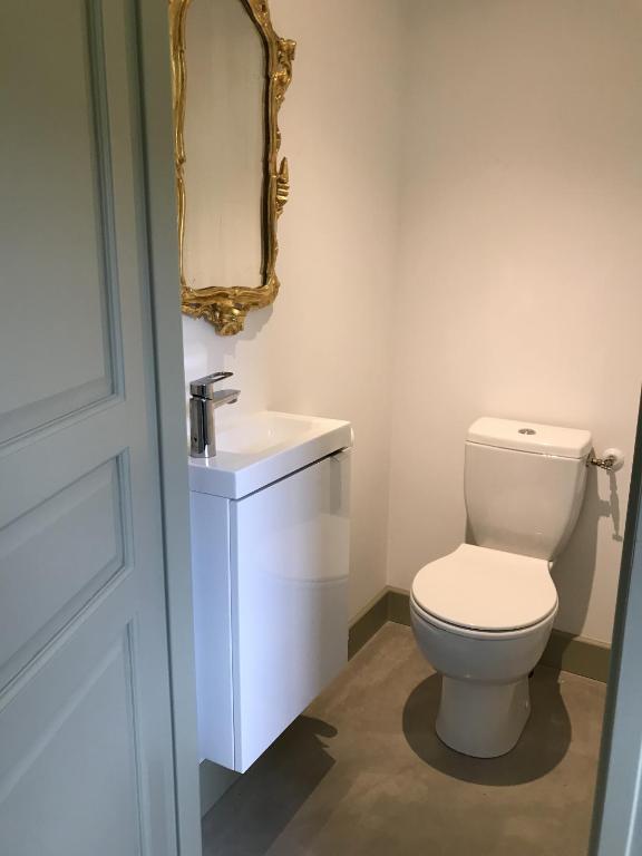 a bathroom with a toilet and a sink and a mirror at Les Granges Pelloquin in Bernières-sur-Mer