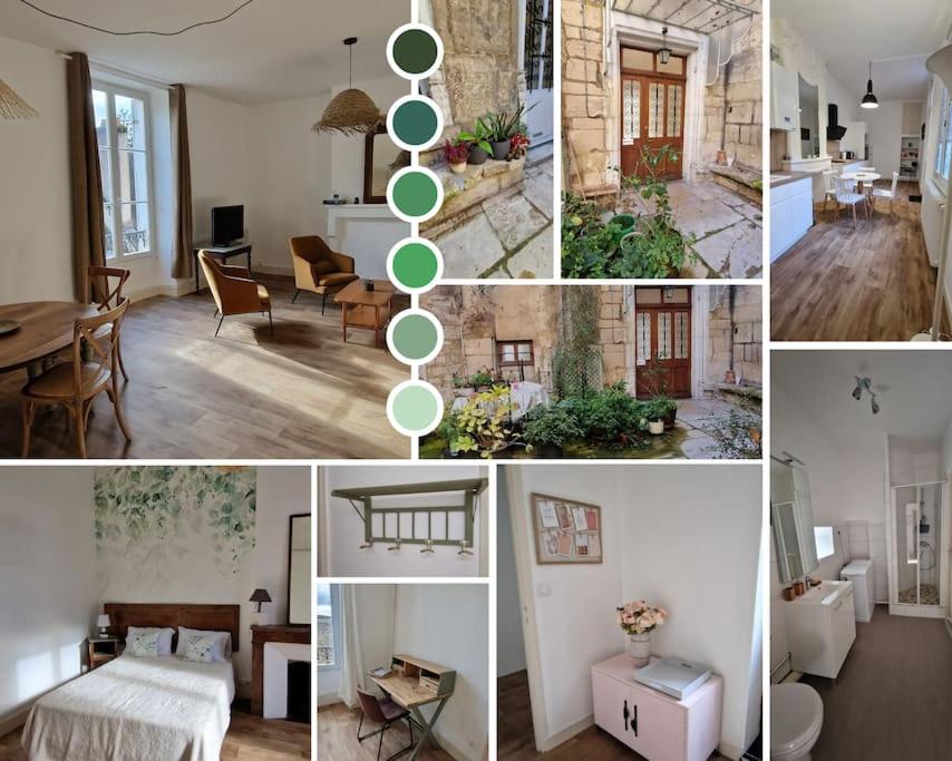 a collage of photos of a living room and dining room at Au coin caché in Dole