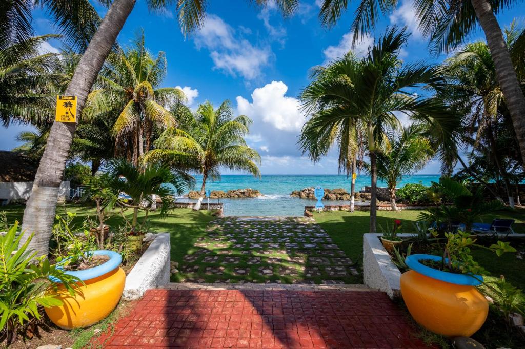 un camino a la playa con palmeras y el océano en Chrisann's Beach Resort en St Mary